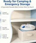 Go-To Collapsible Water Container With Spigot For Travel And Camping stored compactly on a shelf, blue lid visible.