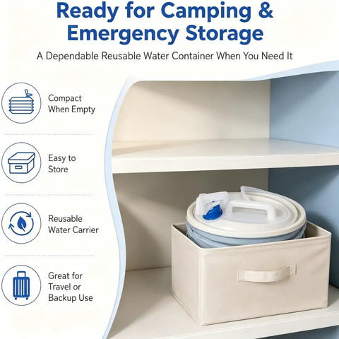 Go-To Collapsible Water Container With Spigot For Travel And Camping stored compactly on a shelf, blue lid visible.