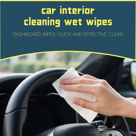 Car interior cleaning wipes in use on steering wheel; hand holds white disposable cleaning cloth.
