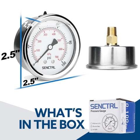 Glycerin Filled Low Pressure Gauge 0 To 100 Psi, 2.5 Inch Dial, Back Mount One Quarter Inch NPT, Stainless Steel Case, package shown