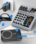 Five Channel USB Bluetooth Audio Mixer With Dope Echo Delay Effects And 48V Phantom Power, showing USB connections and power options