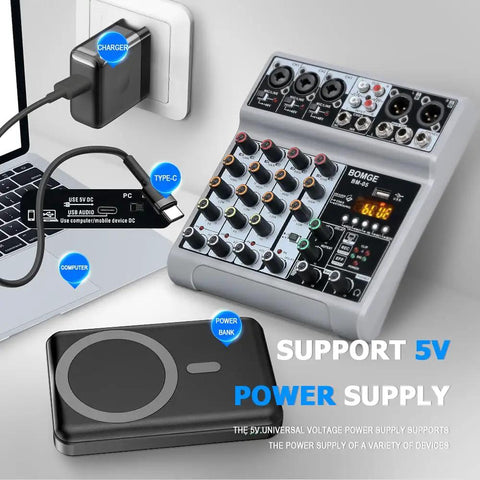 Five Channel USB Bluetooth Audio Mixer With Dope Echo Delay Effects And 48V Phantom Power, showing USB connections and power options