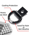 Rock Solid D Ring Tie Down Anchors Quarter Inch Heavy Duty Steel Load Holders with coating protection for wet weather.