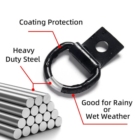 Rock Solid D Ring Tie Down Anchors Quarter Inch Heavy Duty Steel Load Holders with coating protection for wet weather.