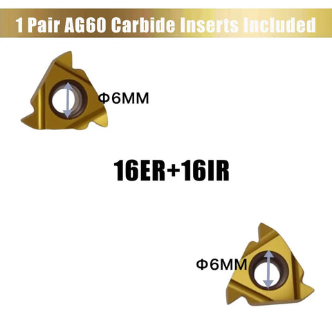 16ER A60 and 16IR A60 carbide inserts for Three Quarter Inch Threading Holders Set With External SER2020K16 And Internal SEL2020K16 CNC Thread Turning Holders, 16ER A60 And 16IR A60 Carbide Inserts, And T8 Wrenches, Shop Ready CVD Coated High Precision Machining Kit