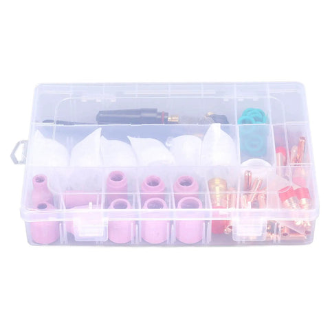 Ultimate 71 Piece TIG Welding Accessory Kit With Ceramic Nozzles Glass Cups And Gas Lenses layout in clear storage box.