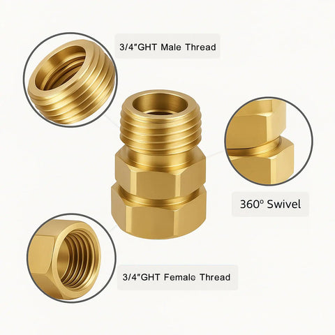 2 Pack Garden Hose Swivel Connector Three Quarter Inch GHT, 360 Degree Brass Hose Fittings to Stop Twists and Kinks, Rustproof and Durable Leak Free Watering Accessory for Lawn and Garden. 3/4 GHT brass swivel connector with male and female threads