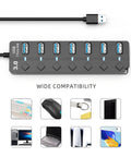 7-Port USB 3.0 Hub With 3ft Cable For Laptop PC Surface Pro PS4 And PS5, Individual LED On Off Per Port, Backward Compatible With USB 2.0 And USB 1.0, Expand Your USB Peripherals With Easy Plug In showing 7 ports and cable