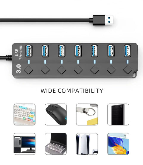 7-Port USB 3.0 Hub With 3ft Cable For Laptop PC Surface Pro PS4 And PS5, Individual LED On Off Per Port, Backward Compatible With USB 2.0 And USB 1.0, Expand Your USB Peripherals With Easy Plug In showing 7 ports and cable