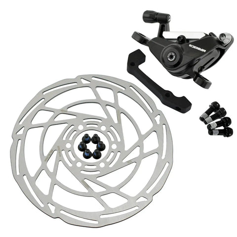 Heavy Duty Post Mount Dual Piston Mechanical Disc Brake Set With Rotors including caliper and 160mm rotor with bolts.