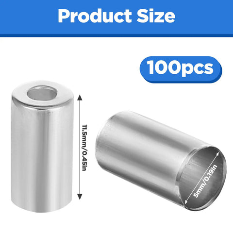 Close-up of 100 Pcs 5mm Bike Brake Cable Housing Ferrule End Caps And Crimps, silver aluminum with size measurements.