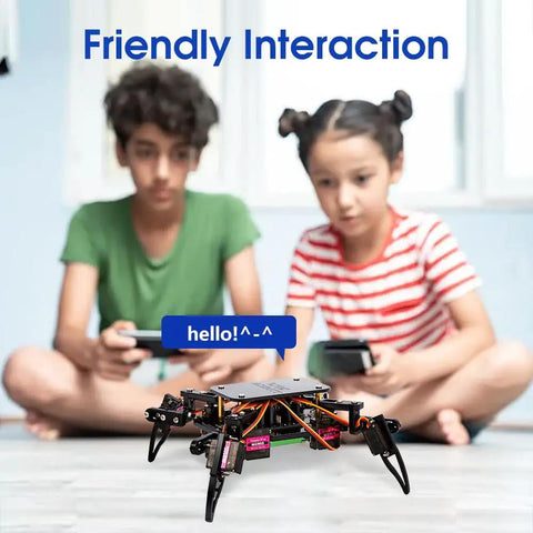 Programmable Bionic Spider Robot Kit For Kids 8 12 Teens And Adults, app-controlled spider bot on floor with two children