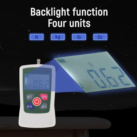 Portable Digital Force Meter 100N Push Pull Tester For Industrial Use With Three Measurement Modes And Four Unit Options High Accuracy Sensor Compact Handy For Field And Lab Tests. handheld unit with backlit display and four units