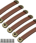 Leather Drawer Pulls With Iron Plate For Enhanced Bearing Capacity 6 Piece Set Includes Self Tapping Screws Ergonomic Red Brown