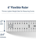 USA Made 6 Inch Flexible Steel Machinist Ruler with Satin Chrome Finish, precise graduations, shown measuring 1/2 inch width.