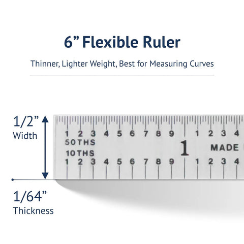 USA Made 6 Inch Flexible Steel Machinist Ruler with Satin Chrome Finish, precise graduations, shown measuring 1/2 inch width.