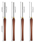 Built Tough Four Piece HSS Bowl Gouge Set Featuring Razor Sharp Carving Blades And Solid Beech Wood Grips For Heavy Duty Wood Lathe Turning Work Plus Convenient Wooden Carry Case showing four gouges with different sizes.