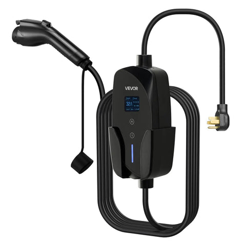 Level 2 Electric Vehicle Charger 32 Amp Adjustable With 25 Foot Cable Nema 14-50P Plug LCD display mounted on charging station.