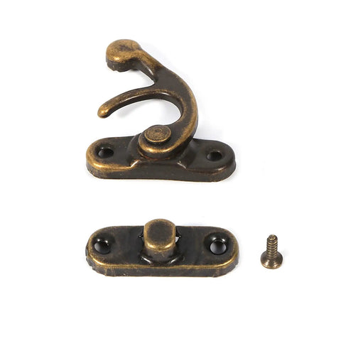 Antique Latch Hook Metal Hasp for Jewelry Boxes and Gift Boxes, Vintage Gold Bronze Finish with screws for secure closure.