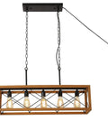 Plug In Five Light Pendant Lamp With E26 Sockets, Rectangle Wood And Metal Farmhouse Chandelier, Adjustable Black Vintage Ceiling Light.