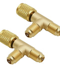 Two Pack Quick Connect AC Valve Core Adapter Tee With One Quarter Inch Brass Fitting used for HVAC maintenance.