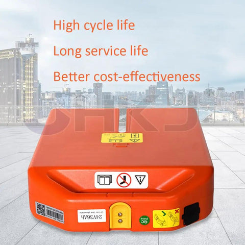 Heavy Duty 24V And 48V Forklift Battery With 20Ah Or 36Ah Capacity For Electric Pallet Jack Truck Powering Up Your Warehouse Gear Quickly, orange battery pack with warning labels.