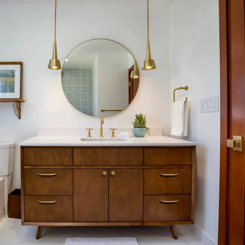 Modern bathroom vanity with round mirror, featuring Antique Brass Cabinet Knobs Zinc Alloy 6 Pack Vintage Drawer Knobs And Pulls.