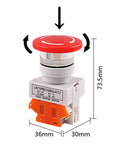2 Pack Emergency Stop Push Button Switch DPST 1NO 1NC, 660V AC, 10A, Red Mushroom Cap, Self Lock, 22mm Mounting Hole, product dimensions