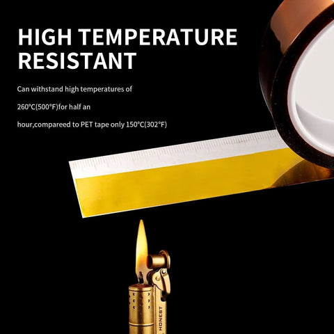 2 Rolls Heat Tape For Sublimation And Heat Press 10mm By 33m 108ft Polyimide Kapton Tape 500F High Temperature Resistant displayed with ruler and lighter.