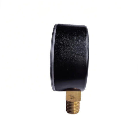 Bottom Mount Spray Tank Pressure Gauge One Hundred Psi One Quarter Inch Mipt Thread Two Inch Face Dial from side view with brass fitting.