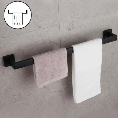 24 Inch Contemporary Stainless Steel Towel Bar Wall Mount with Slick Matte Black Finish holding two towels