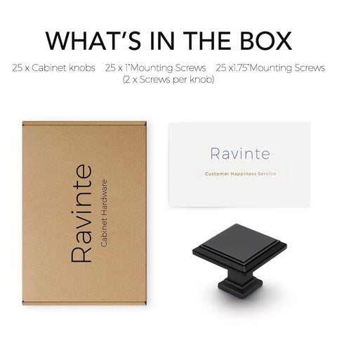 25 Pack Matte Black 1-3/16 Inch Square Cabinet Knobs For Cabinets And Drawers Solid Drawer Pulls 30mm Black Hardware Easy Install Square Kitchen Knobs With Single Hole Mounting, showing contents including box, screws and knob.