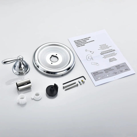 Pressure Balancing Tub And Shower Trim Kit Chrome laid out with handle, plate, and installation guide, compatible with Posi-Temp Valve.