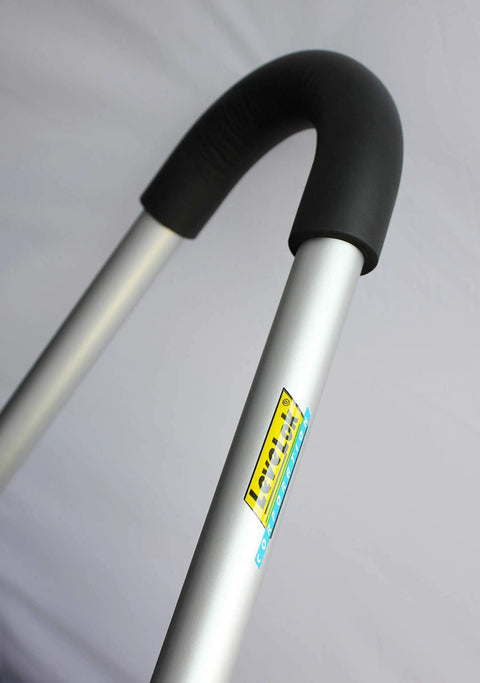 Close-up of aluminum ladder stabilizer standoff bracket with foam elbow, part of Ladder Stabilizer Standoff Brackets With Foam Elbows Sold In Pairs For Aluminum And Fiberglass Ladders Open D Or O Rung Holes On Outside Rail ANSI And OSHA Compliant.