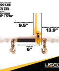 QuikBinder Plus Ratchet Load Binder for Grade 70 and Grade 80 Chain, folding handle, 7100 lbs WLL shown with measurements