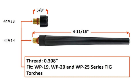 Pro Grade TIG Welding Consumables Kit With Gas Lens For 9/20/25 Series Torches, shown with assembly parts and measurements