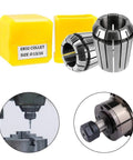 Top Shelf ER Collet Chuck And Cnc Milling Tool Mount Bringing Zero Point Zero Zero Eight Mm Precision To Engraving Machine Spindles with two ER32 collets and yellow caps.