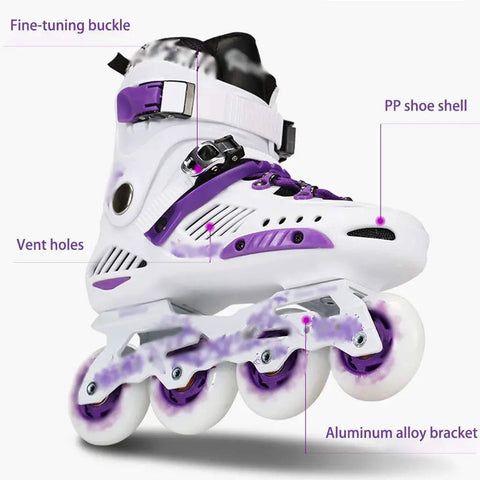 Kids Inline Skates For Beginners With Luminous Wheels, White Purple Roller Blades, Youth Size US 7.5, Aluminum Alloy Bracket