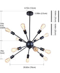 Illustration of 12 Light Black Sputnik Chandeliers Mid Century Modern Semi Flush Mount Ceiling Fixture dimensions and design.