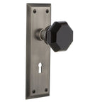 New York Plate With Keyhole Passage Waldorf Black Door Knob In Antique Pewter Solid Forged Brass Two And Three Quarters Inch Backset Complete Two Side Set For One Door Restoration Ready Easy Install For Vintage Vibe Or Modern Pre Drilled Doors shown on white background