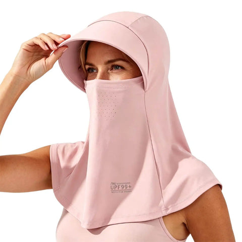 Cooling Balaclava Face Mask Sun Hat With Neck Flap UPF 99+ UV Protection for Hiking Cycling Fishing Travel, Pink, worn by model
