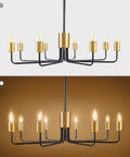 8 Light Black and Gold Modern Farmhouse Chandelier for Dining Room Industrial Candle Hanging Light Fixture, on and off view.