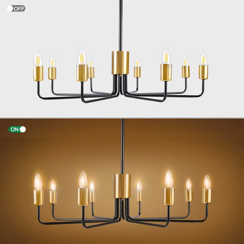 8 Light Black and Gold Modern Farmhouse Chandelier for Dining Room Industrial Candle Hanging Light Fixture, on and off view.
