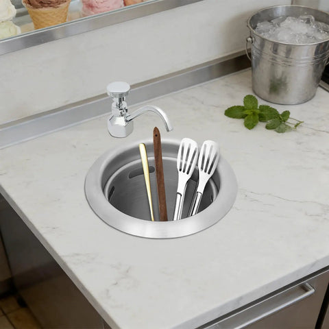 Florchest Dipper Well Faucet and Bowl Set, 7”×8.5” Shop Bar Counter Sink Faucet with cleaning tools in stainless sink.