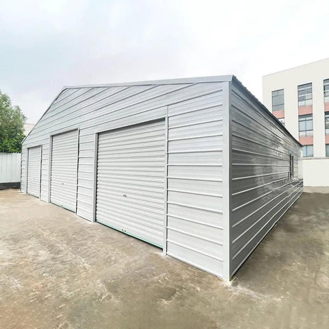 Heavy Duty Steel Barn Garage With Roll Top Metal Doors For Trucks Tractors Rvs Atvs And Workhorses Storage Shelter Backyard Outdoor Rig Canopy, side view, grey steel exterior.
