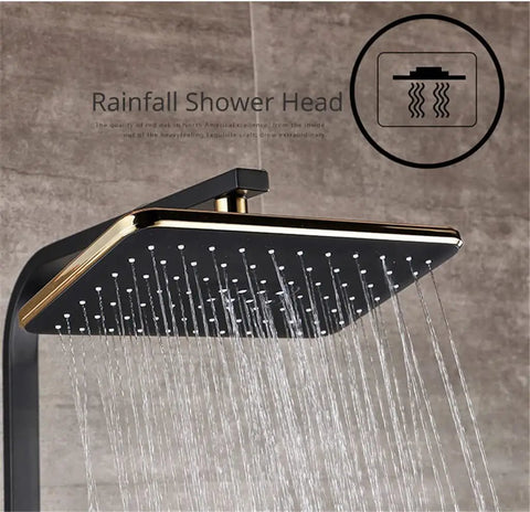 Golden White Shower Faucet In Wall Mixer System Rainfall Brass Body Massage Set Swive Spout(Black) rainfall shower head close-up.