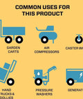 Infographic showing uses for Heavy Duty Inner Tube 4.10/3.50-4 With TR87 Angled Valve in carts, compressors, washers, and more.