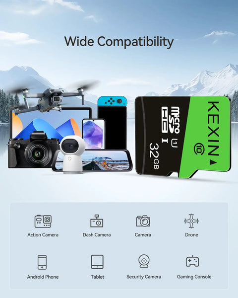 Wide compatibility of Five 32GB Micro SD Cards With SD Adapters UHS I C10 U1 for smartphones, tablets, dash cams, drones, and consoles.
