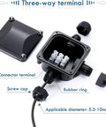 Open Outdoor IP66 Waterproof Junction Box Kit Of 4 With 3 Way Cable Connectors For 6mm To 10.2mm Cables showing terminals