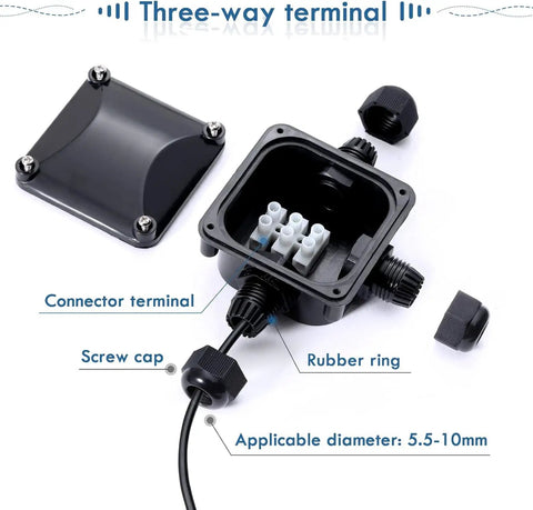 Open Outdoor IP66 Waterproof Junction Box Kit Of 4 With 3 Way Cable Connectors For 6mm To 10.2mm Cables showing terminals